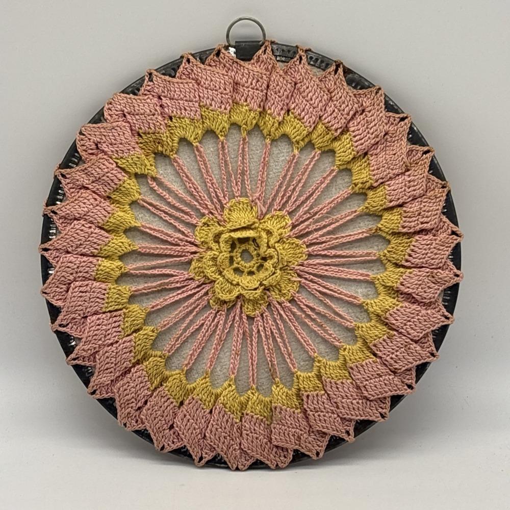 Vintage Crocheted Doily Wall Hanging Pink Yellow Floral
